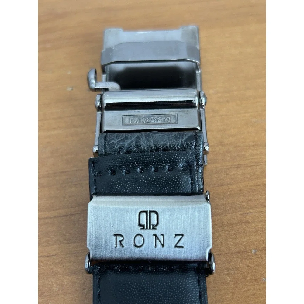 RONZ Black Leather Belt With Silver Automatic Buckle 40in‎ Luxury And Quality